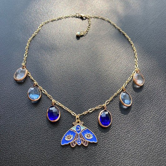 Moth Drops Blue Charm Necklace