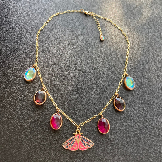 Moth Drops Pink Charm Necklace