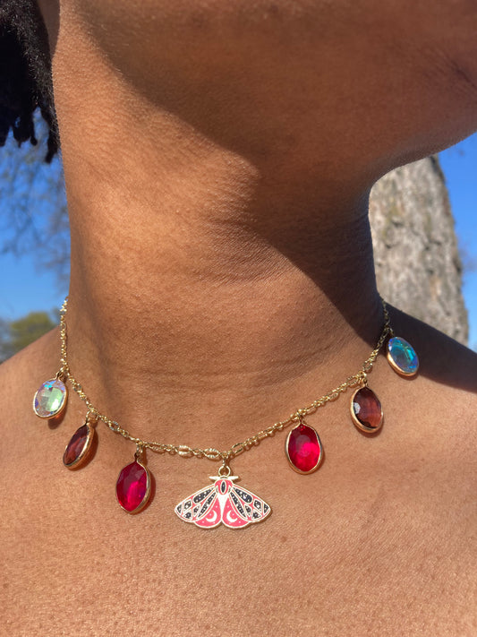 Moth Drops Pink Charm Necklace