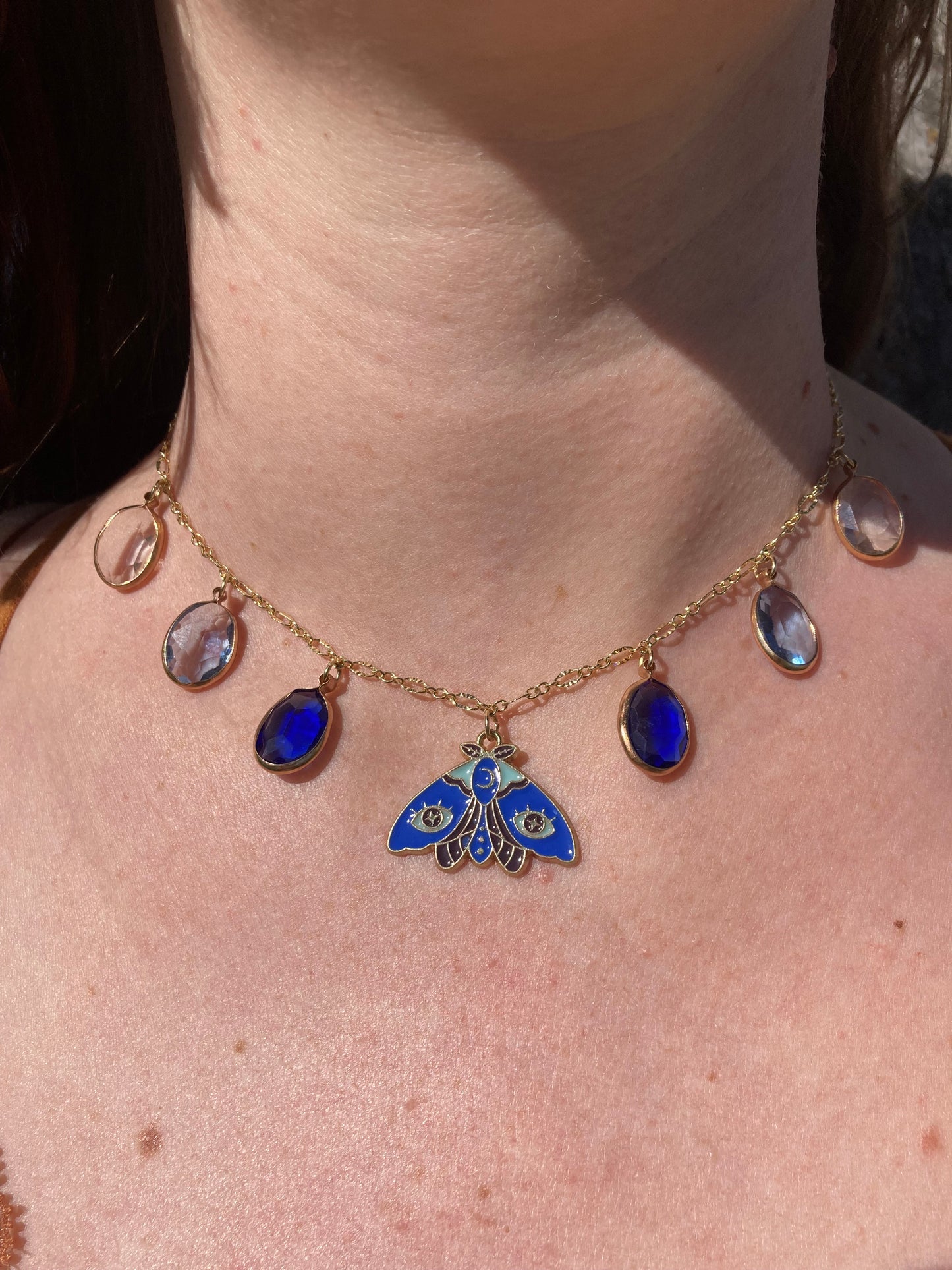 Moth Drops Blue Charm Necklace