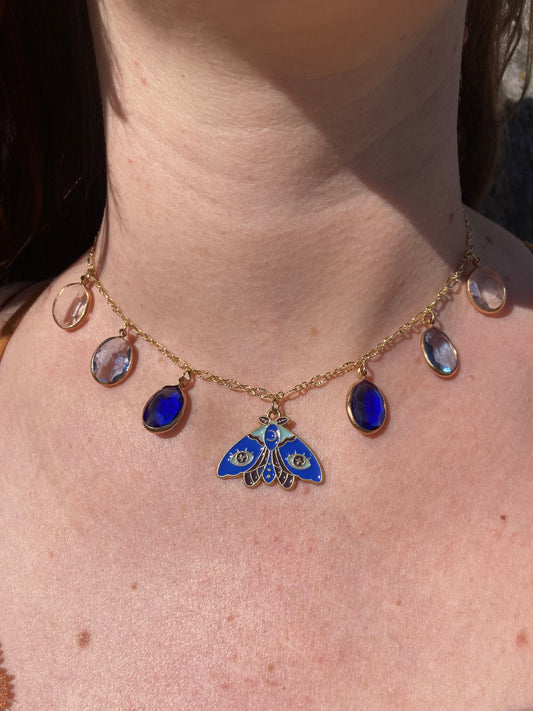 Moth Drops Blue Charm Necklace